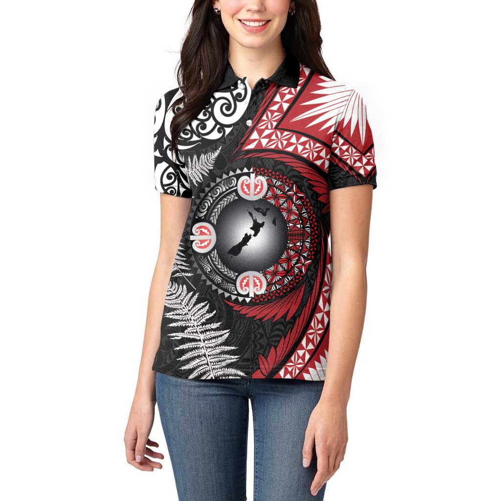 Tonga and New Zealand Together Women Polo Shirt Ngatu Art Tribal Maori Tattoo and Silver Fern