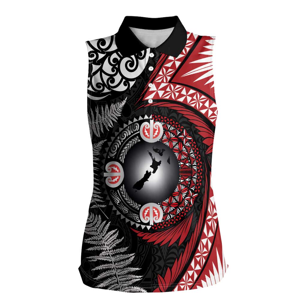 Tonga and New Zealand Together Women Sleeveless Polo Shirt Ngatu Art Tribal Maori Tattoo and Silver Fern