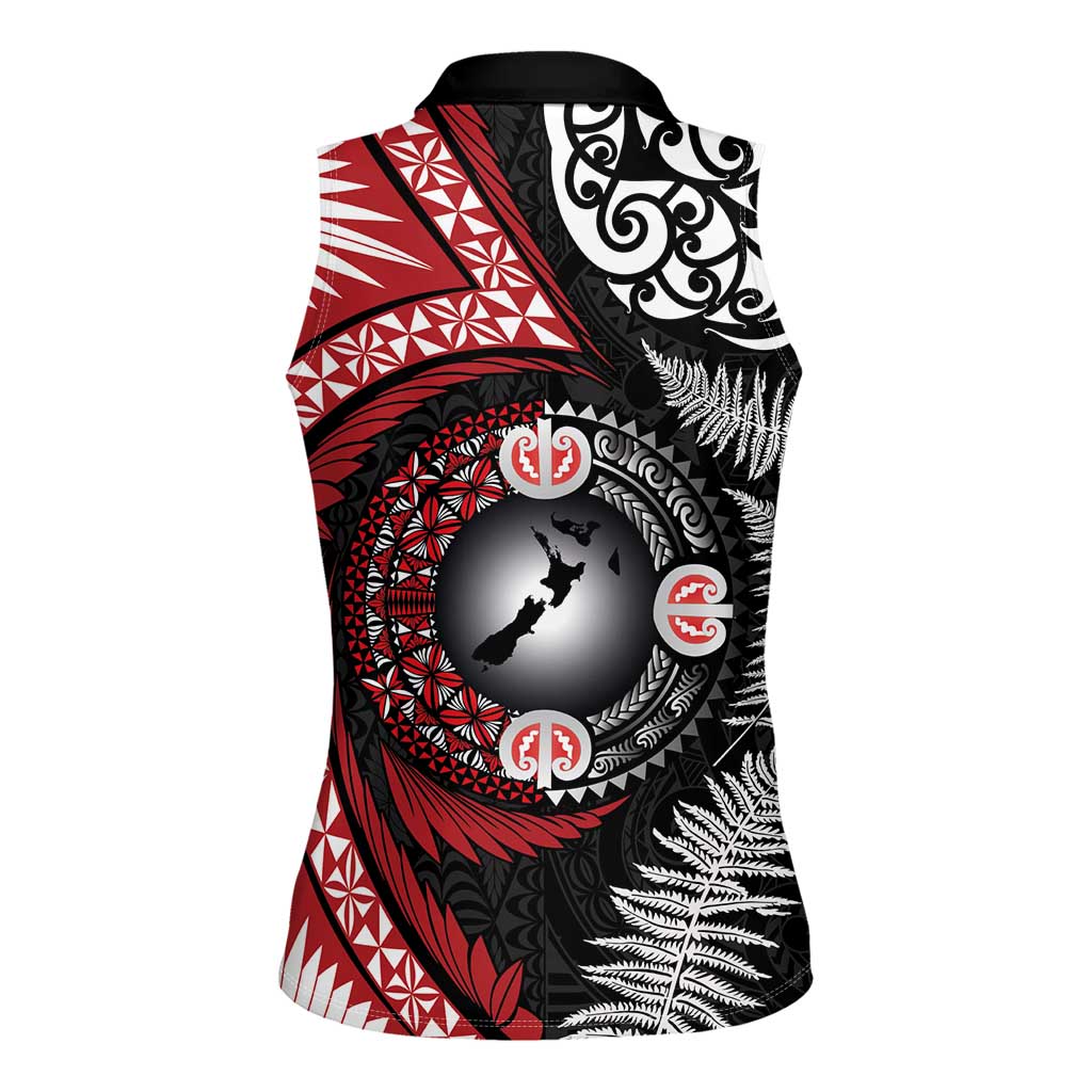 Tonga and New Zealand Together Women Sleeveless Polo Shirt Ngatu Art Tribal Maori Tattoo and Silver Fern