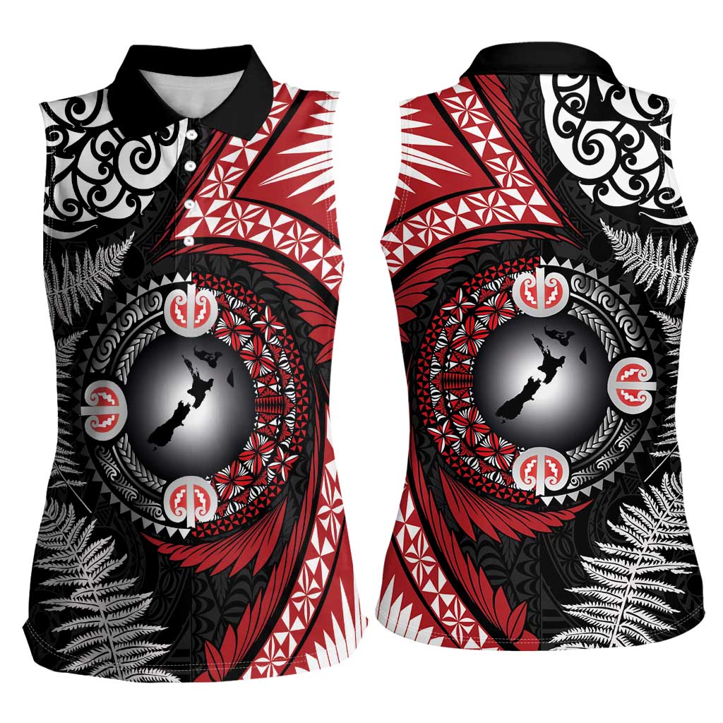 Tonga and New Zealand Together Women Sleeveless Polo Shirt Ngatu Art Tribal Maori Tattoo and Silver Fern