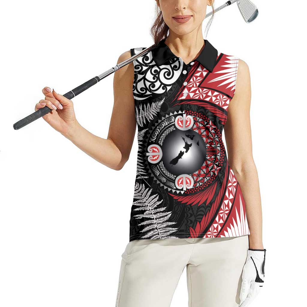 Tonga and New Zealand Together Women Sleeveless Polo Shirt Ngatu Art Tribal Maori Tattoo and Silver Fern