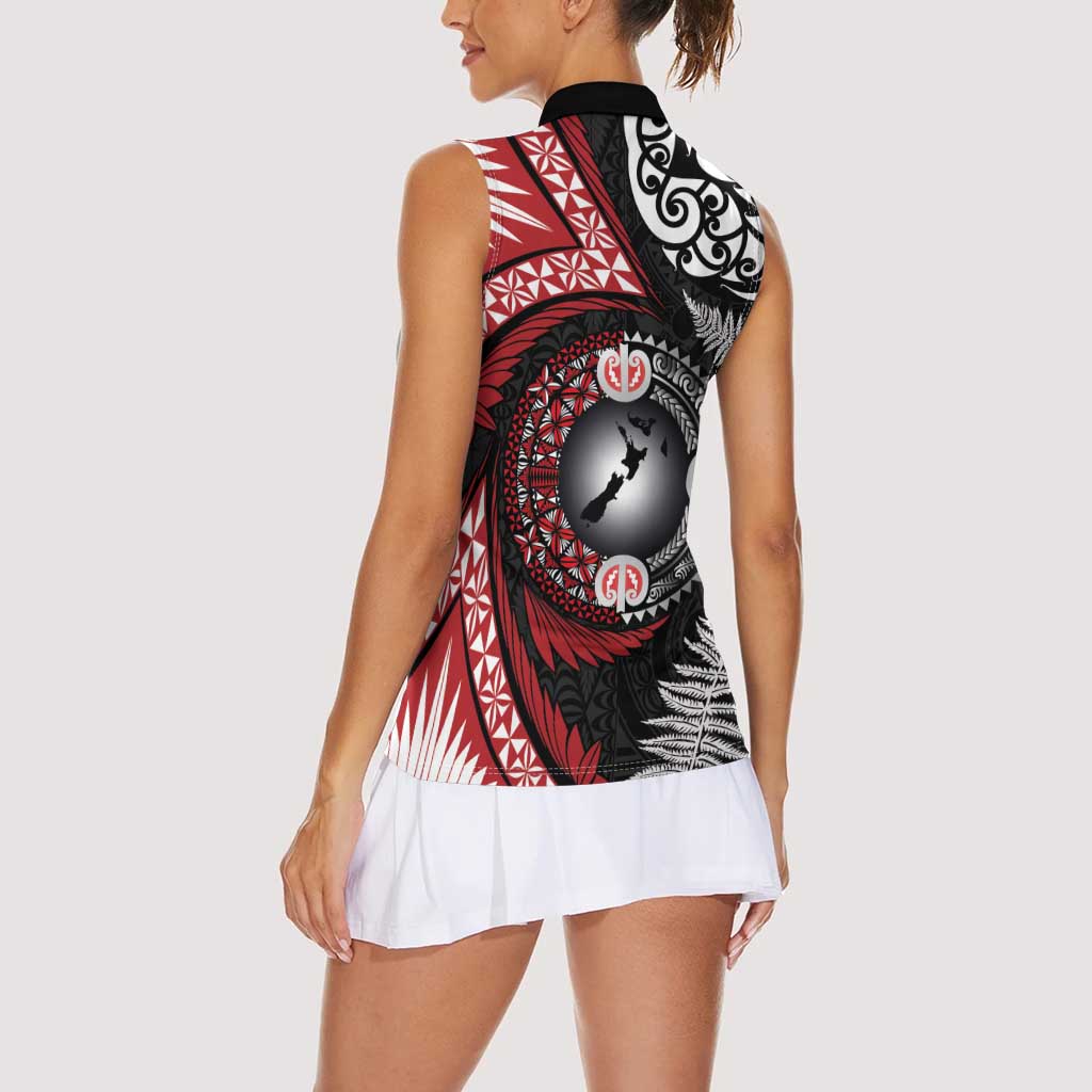 Tonga and New Zealand Together Women Sleeveless Polo Shirt Ngatu Art Tribal Maori Tattoo and Silver Fern