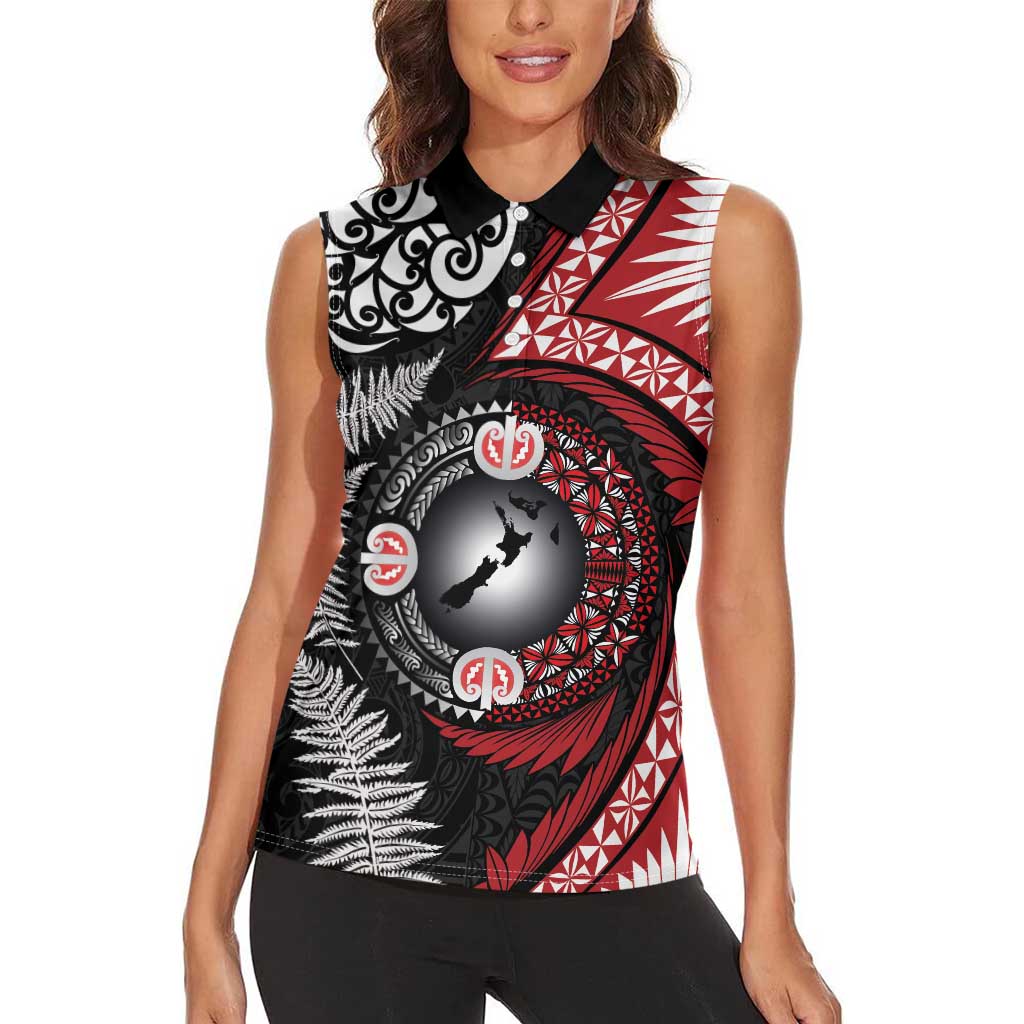 Tonga and New Zealand Together Women Sleeveless Polo Shirt Ngatu Art Tribal Maori Tattoo and Silver Fern