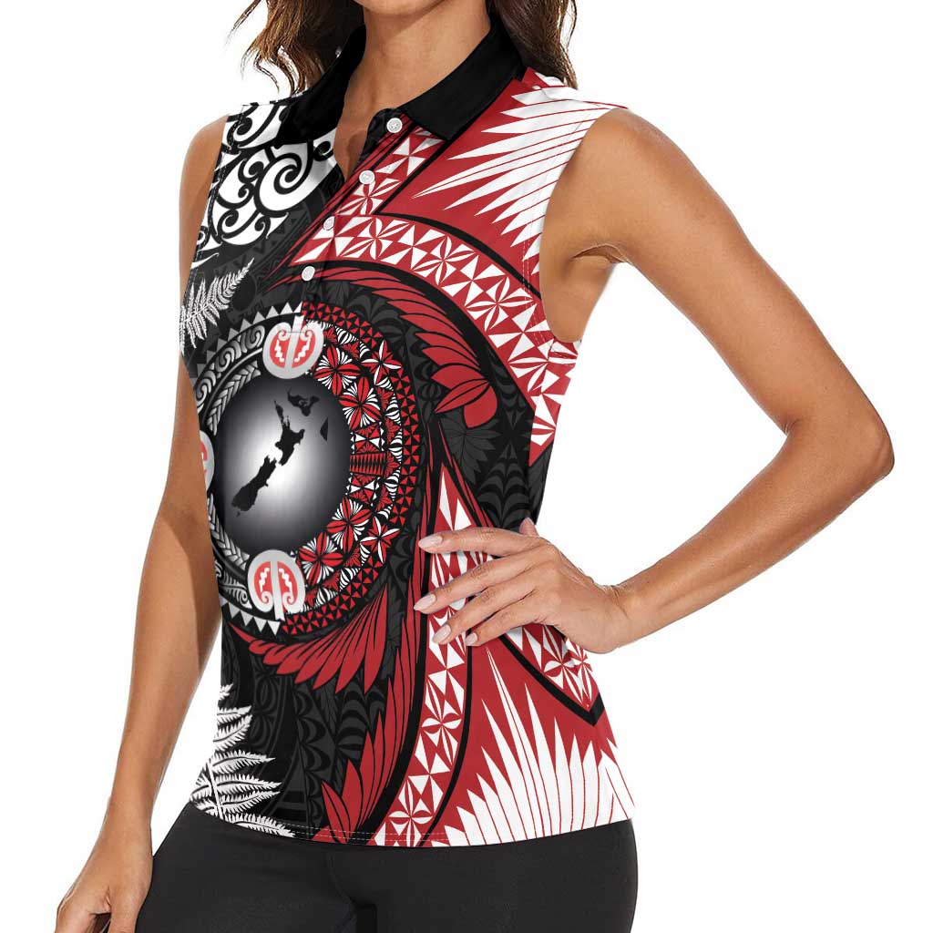 Tonga and New Zealand Together Women Sleeveless Polo Shirt Ngatu Art Tribal Maori Tattoo and Silver Fern