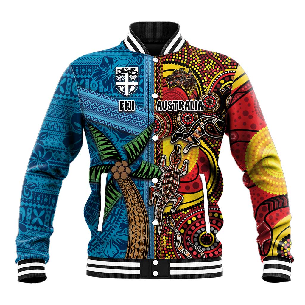 Personalised Australia and Fiji Together Baseball Jacket Tribal Palm Tree with Tapa and Aboriginal Animals Half Style