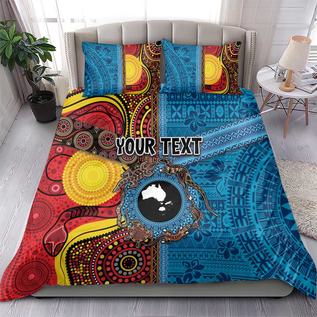 Personalised Australia and Fiji Together Bedding Set Tribal Palm Tree with Tapa and Aboriginal Animals Half Style