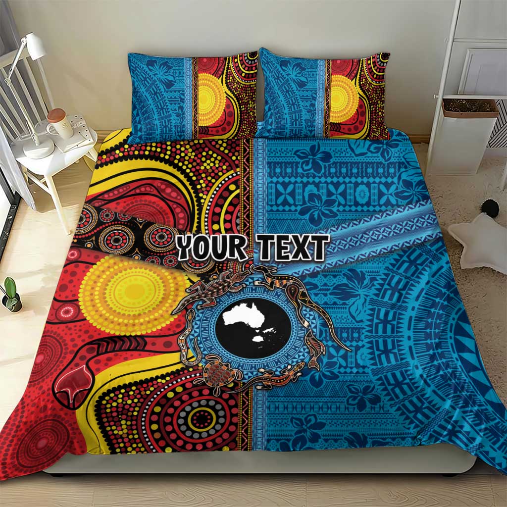 Personalised Australia and Fiji Together Bedding Set Tribal Palm Tree with Tapa and Aboriginal Animals Half Style