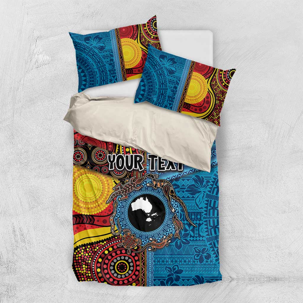 Personalised Australia and Fiji Together Bedding Set Tribal Palm Tree with Tapa and Aboriginal Animals Half Style