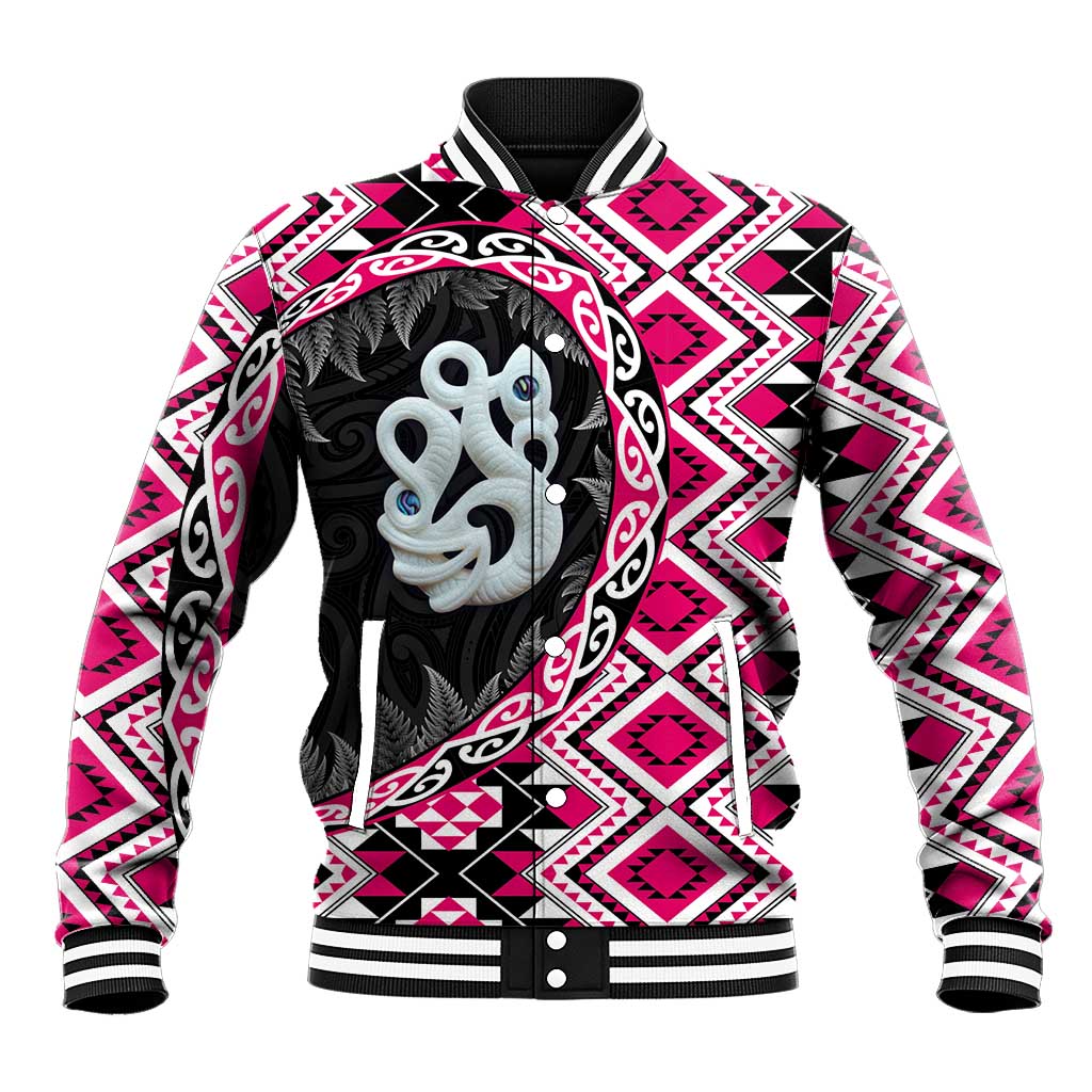 Pink Taniko Motif Aotearoa Manaia and Silver Fern Baseball Jacket