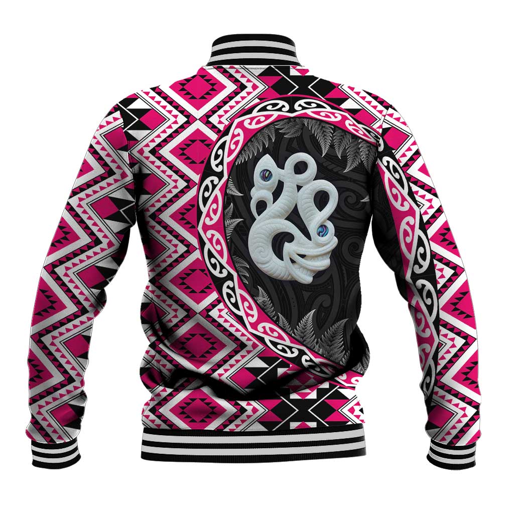 Pink Taniko Motif Aotearoa Manaia and Silver Fern Baseball Jacket