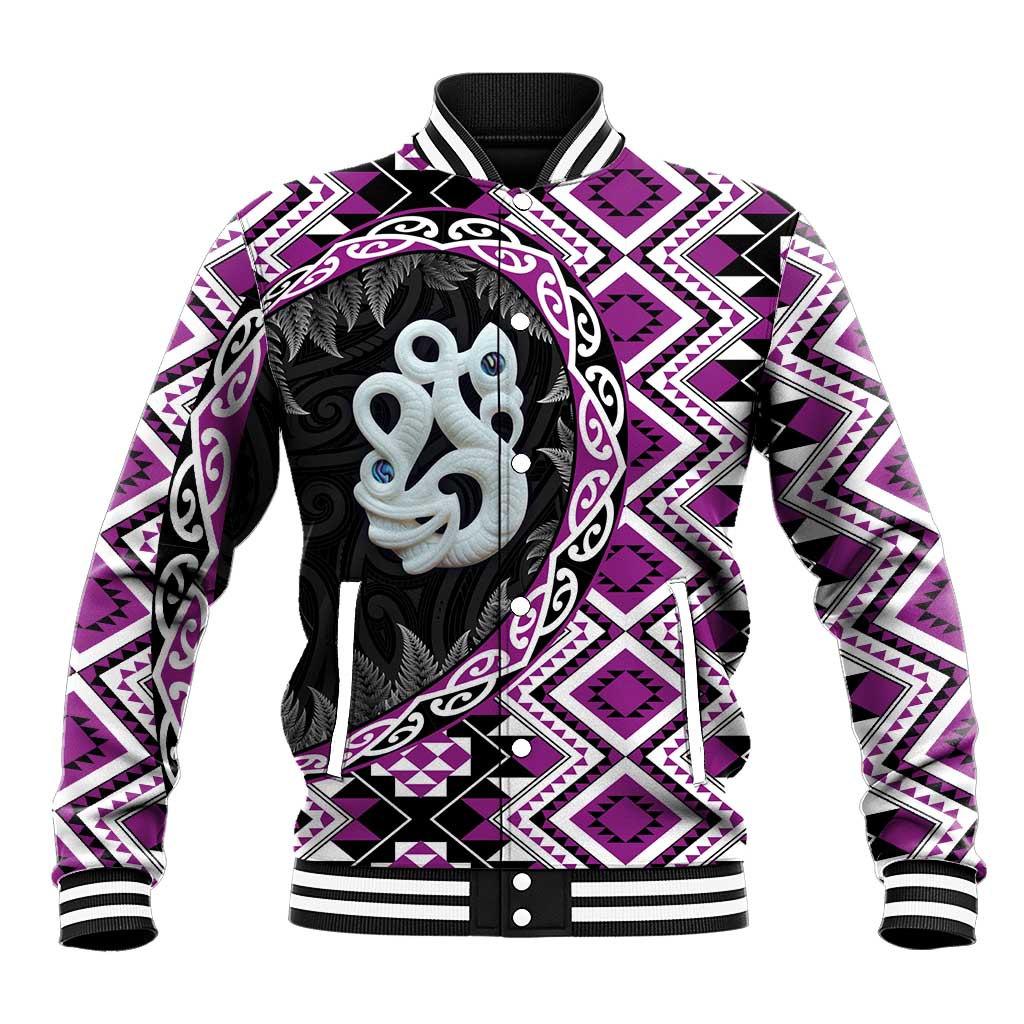 Purple Taniko Motif Aotearoa Manaia and Silver Fern Baseball Jacket