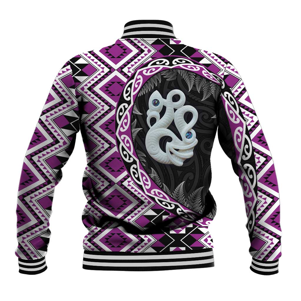 Purple Taniko Motif Aotearoa Manaia and Silver Fern Baseball Jacket