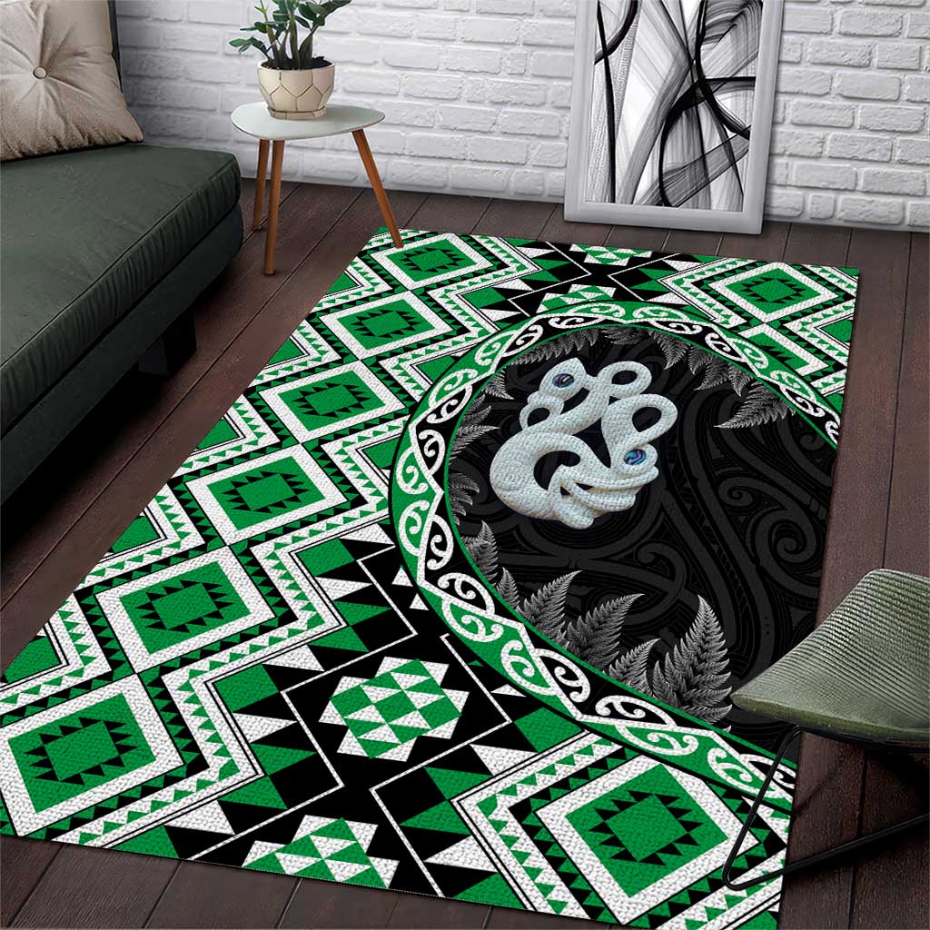 Green Taniko Motif Aotearoa Manaia and Silver Fern Area Rug