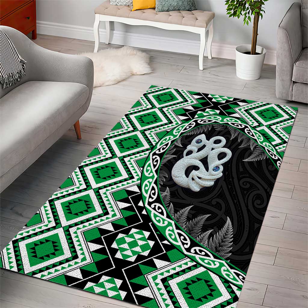 Green Taniko Motif Aotearoa Manaia and Silver Fern Area Rug