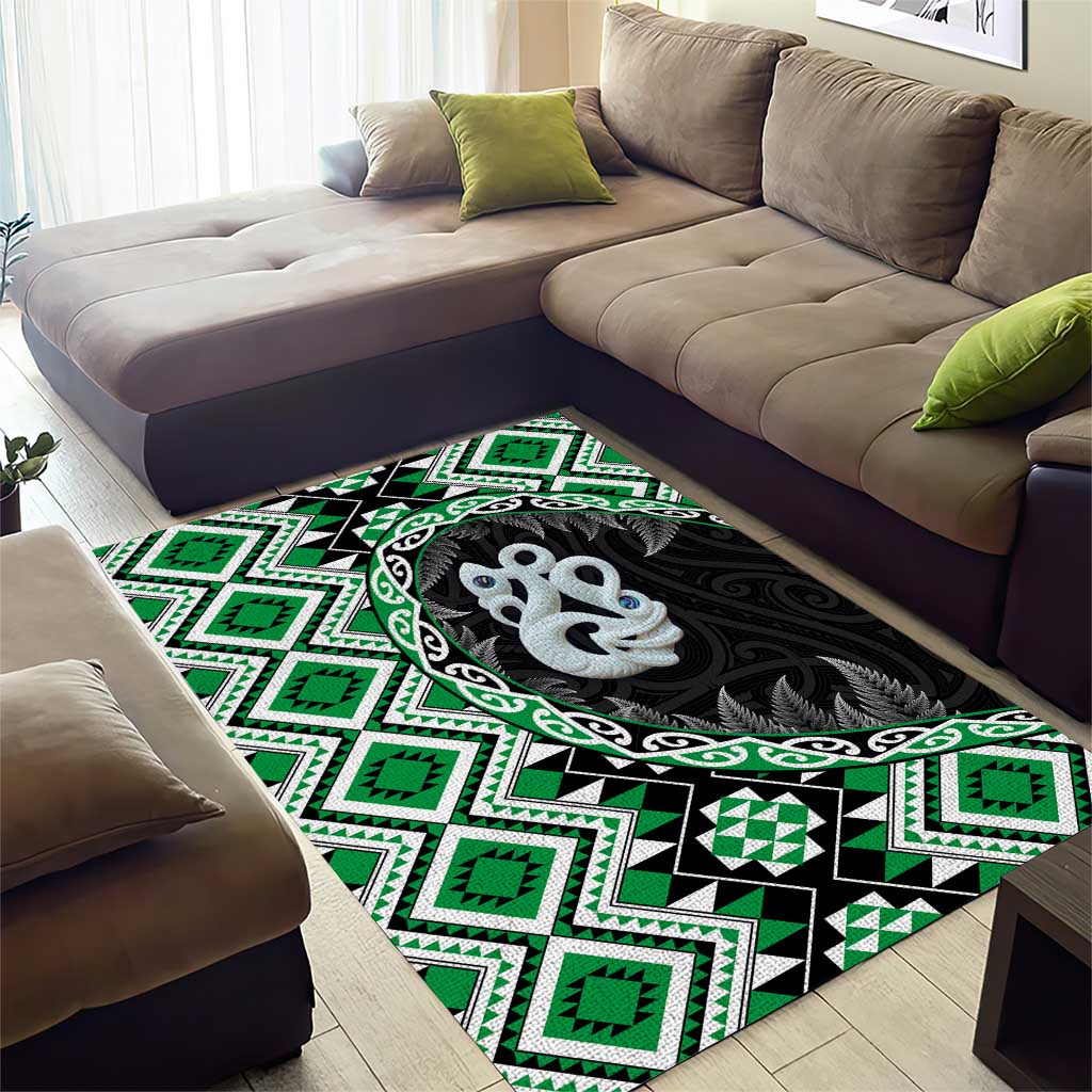 Green Taniko Motif Aotearoa Manaia and Silver Fern Area Rug