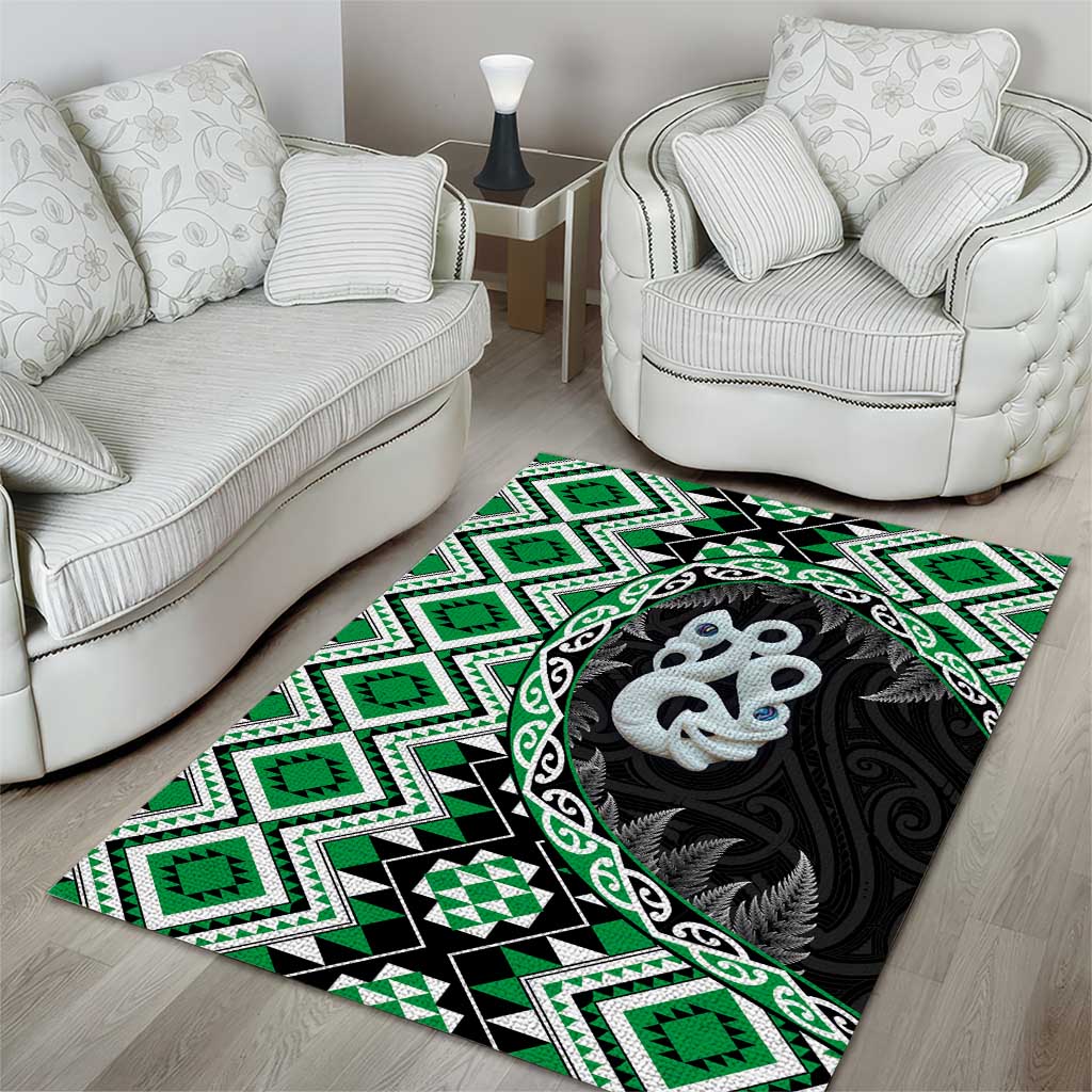 Green Taniko Motif Aotearoa Manaia and Silver Fern Area Rug