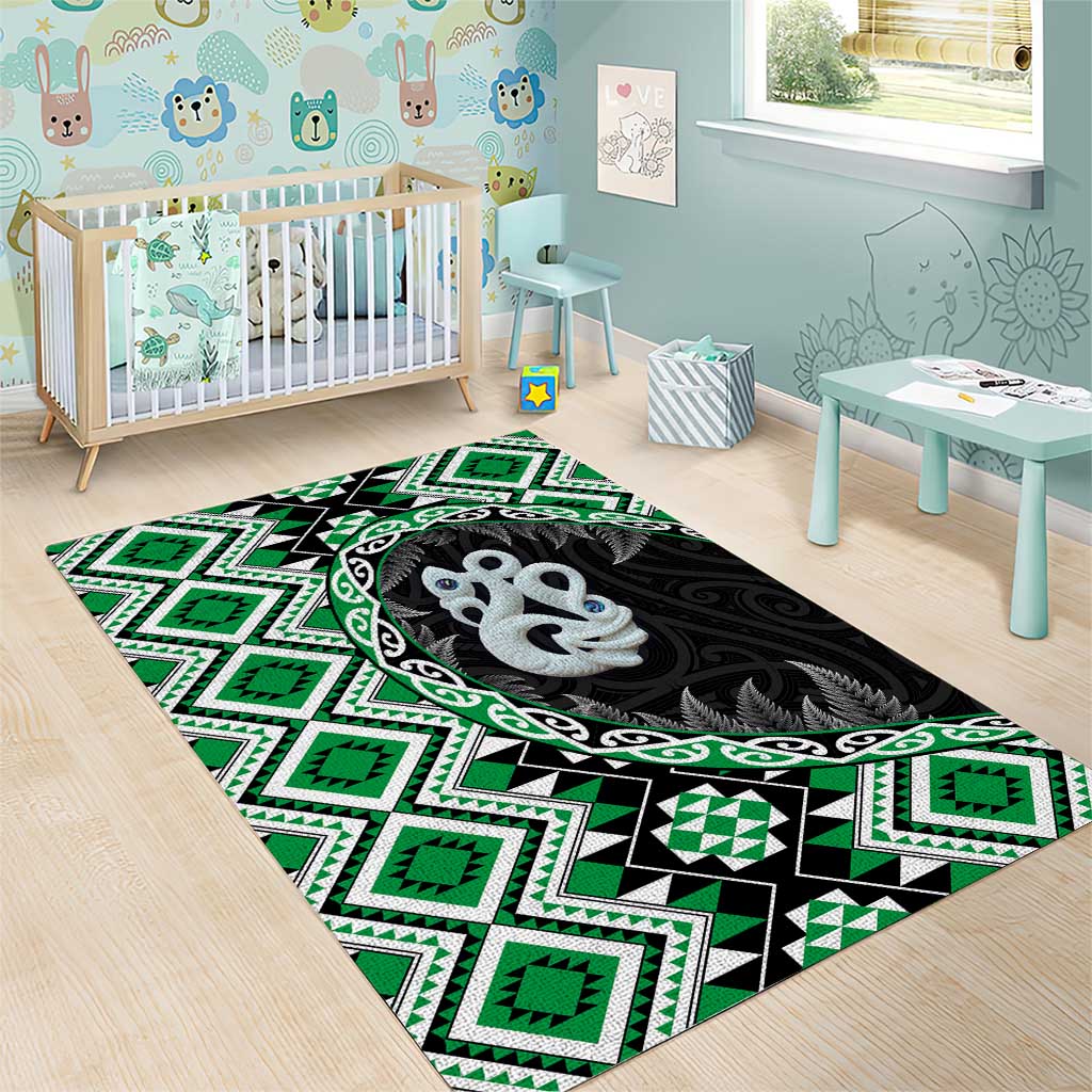 Green Taniko Motif Aotearoa Manaia and Silver Fern Area Rug