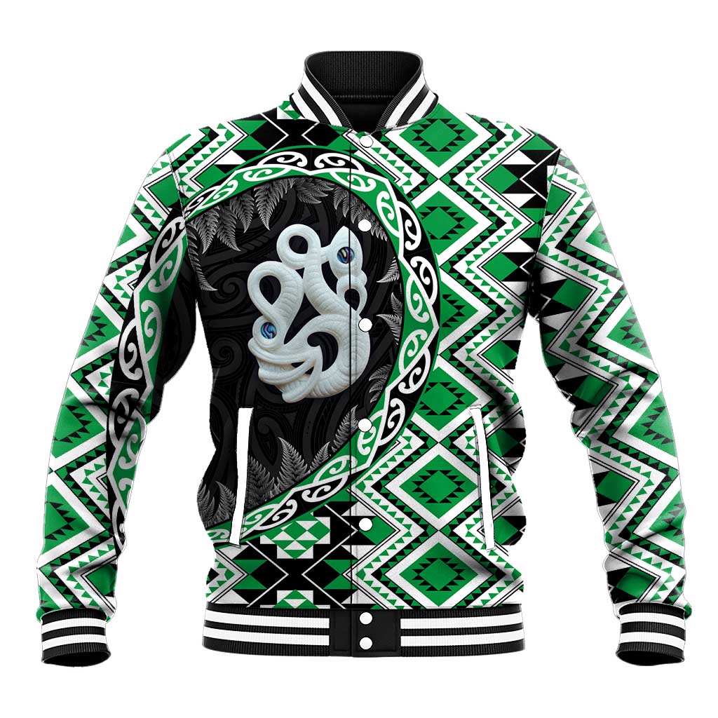 Green Taniko Motif Aotearoa Manaia and Silver Fern Baseball Jacket