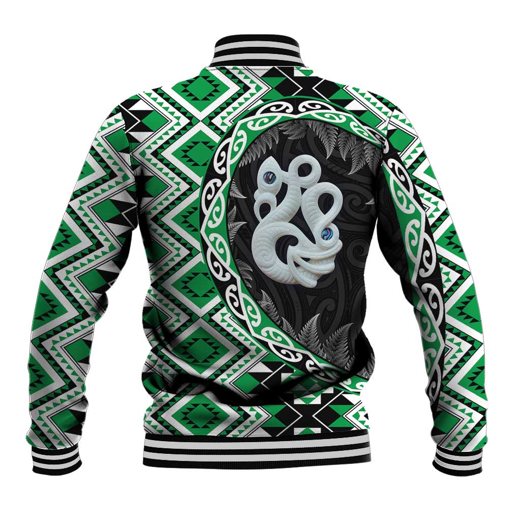 Green Taniko Motif Aotearoa Manaia and Silver Fern Baseball Jacket