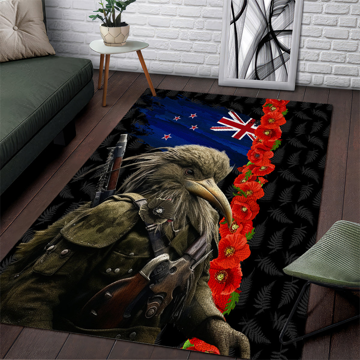 New Zealand Kiwi Soldier ANZAC Area Rug Red Poppy Flower and Silver Fern Pattern