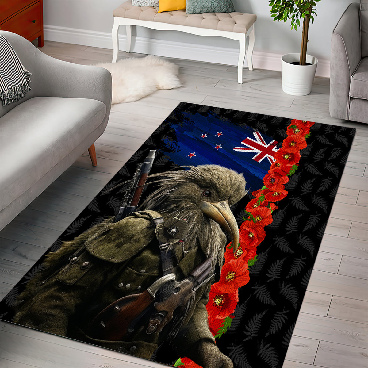 New Zealand Kiwi Soldier ANZAC Area Rug Red Poppy Flower and Silver Fern Pattern