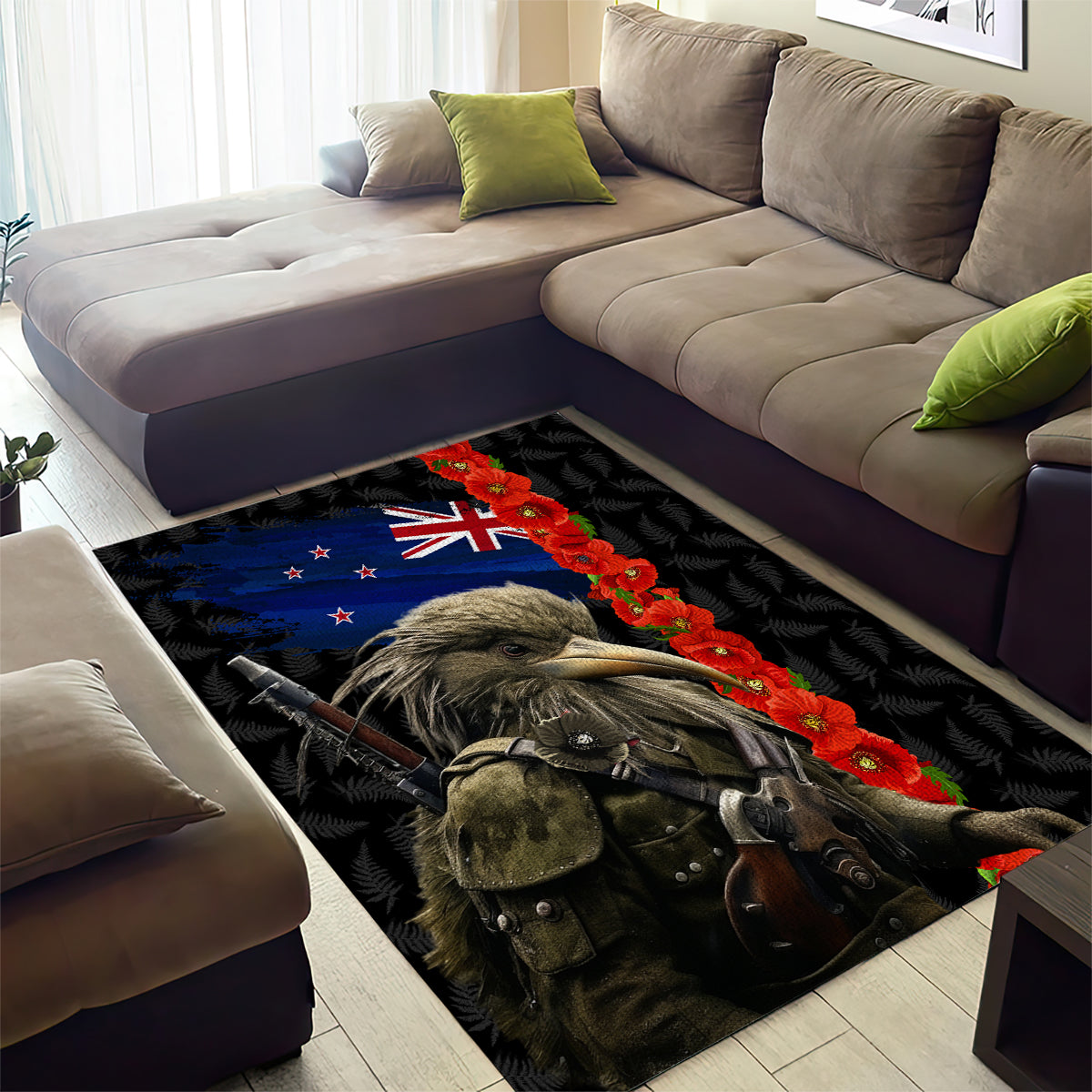 New Zealand Kiwi Soldier ANZAC Area Rug Red Poppy Flower and Silver Fern Pattern