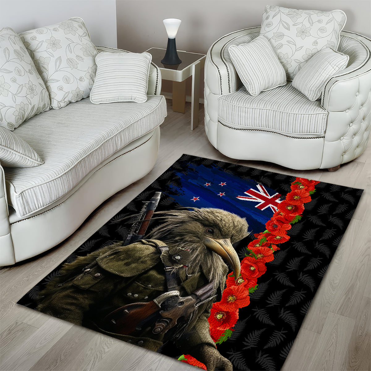 New Zealand Kiwi Soldier ANZAC Area Rug Red Poppy Flower and Silver Fern Pattern