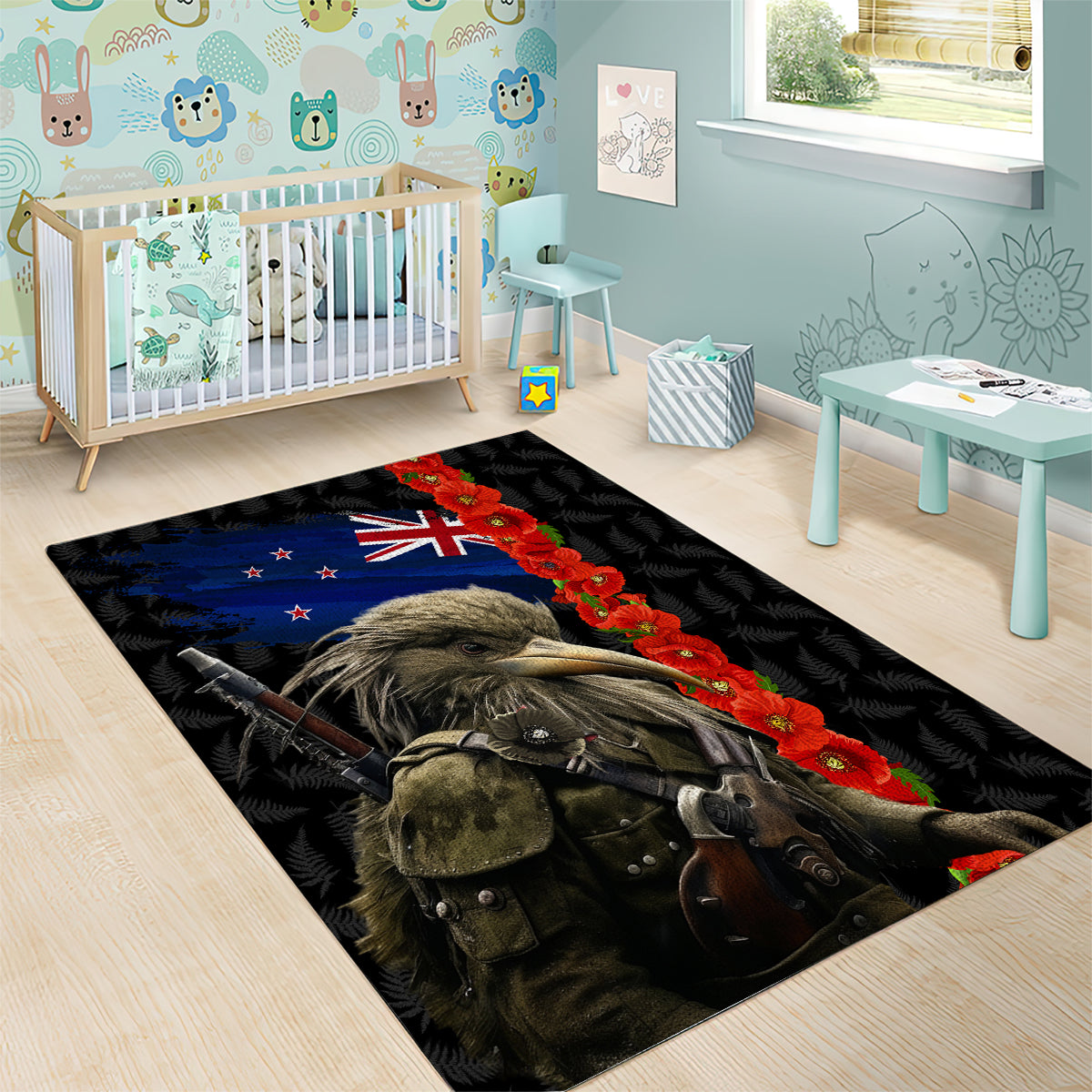 New Zealand Kiwi Soldier ANZAC Area Rug Red Poppy Flower and Silver Fern Pattern