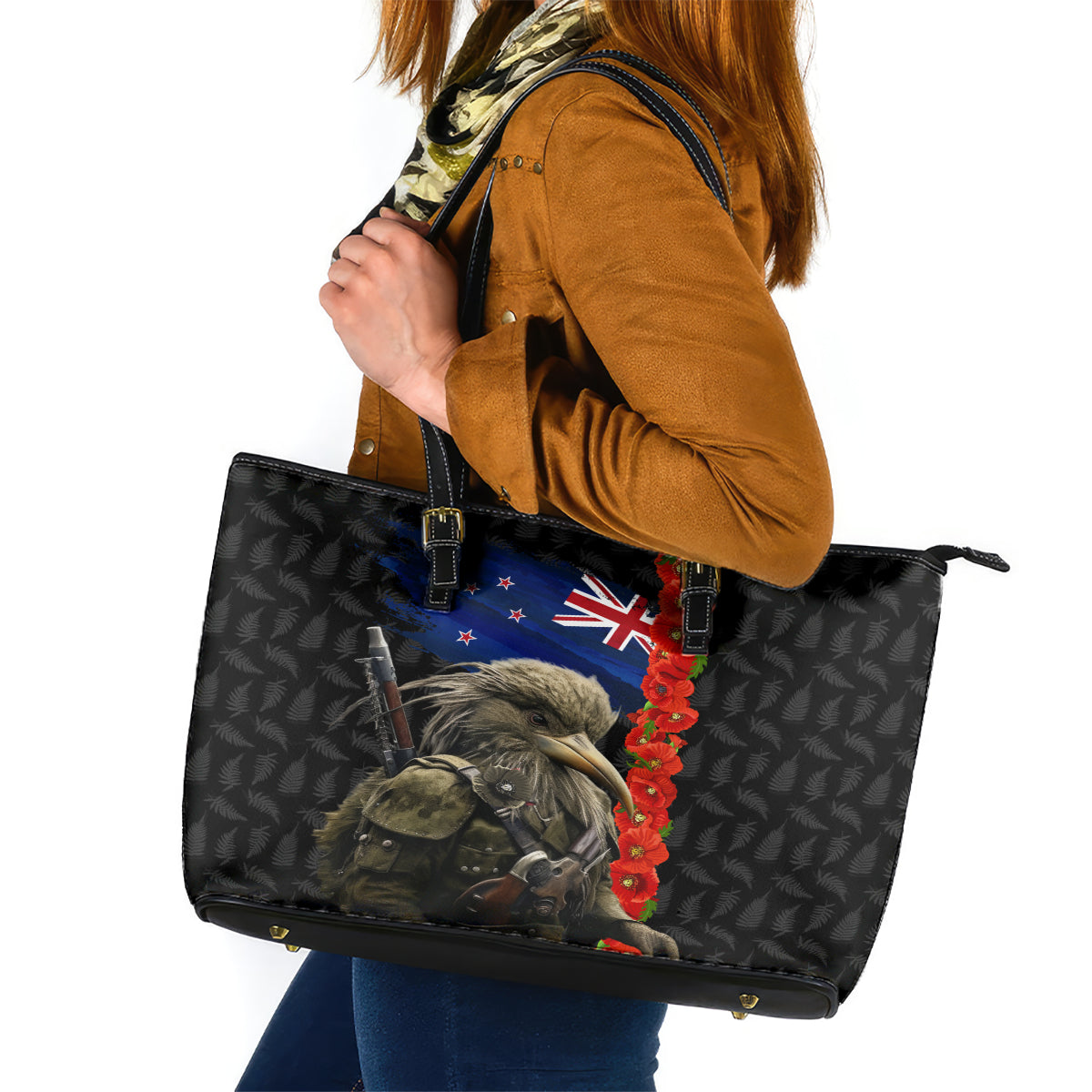 New Zealand Kiwi Soldier ANZAC Leather Tote Bag Red Poppy Flower and Silver Fern Pattern