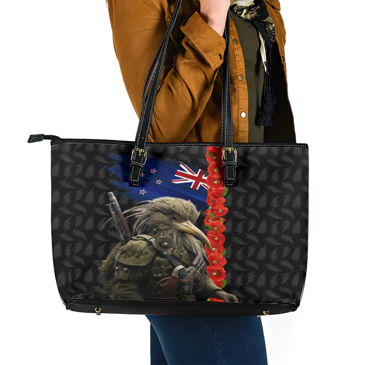 New Zealand Kiwi Soldier ANZAC Leather Tote Bag Red Poppy Flower and Silver Fern Pattern