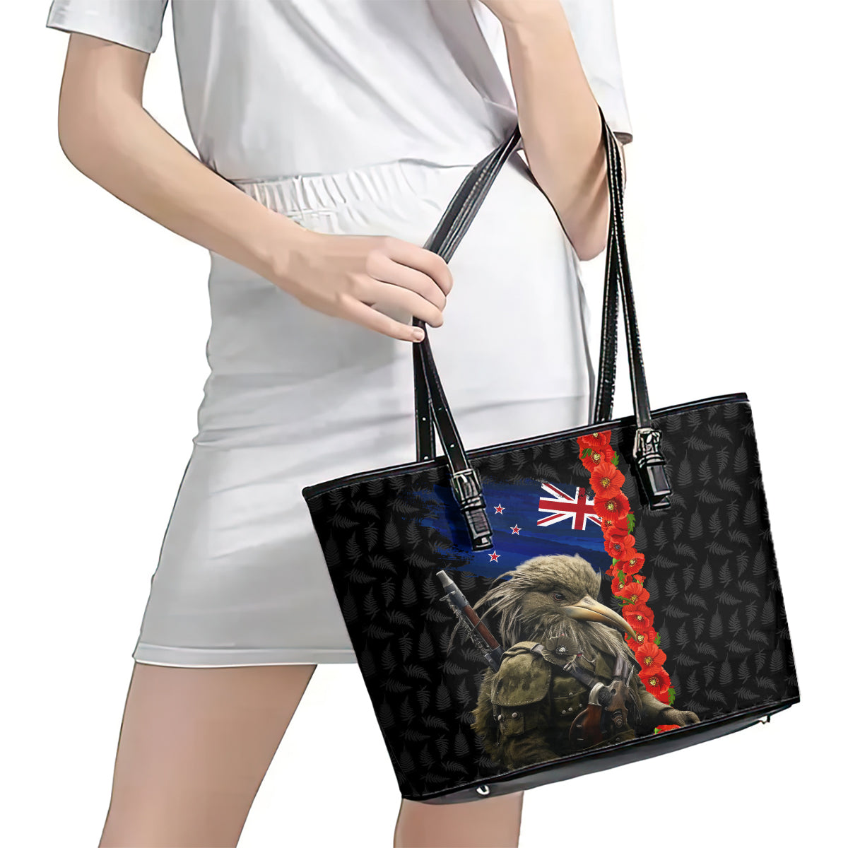 New Zealand Kiwi Soldier ANZAC Leather Tote Bag Red Poppy Flower and Silver Fern Pattern