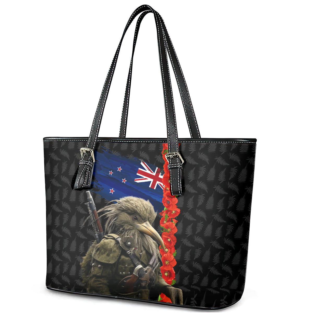 New Zealand Kiwi Soldier ANZAC Leather Tote Bag Red Poppy Flower and Silver Fern Pattern