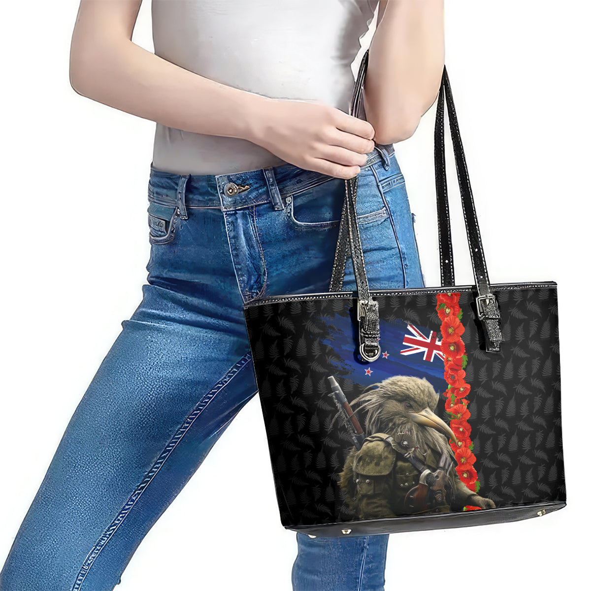 New Zealand Kiwi Soldier ANZAC Leather Tote Bag Red Poppy Flower and Silver Fern Pattern