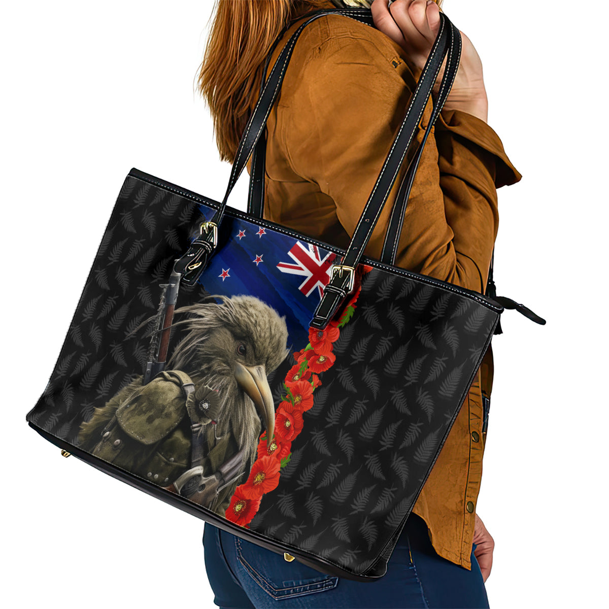 New Zealand Kiwi Soldier ANZAC Leather Tote Bag Red Poppy Flower and Silver Fern Pattern