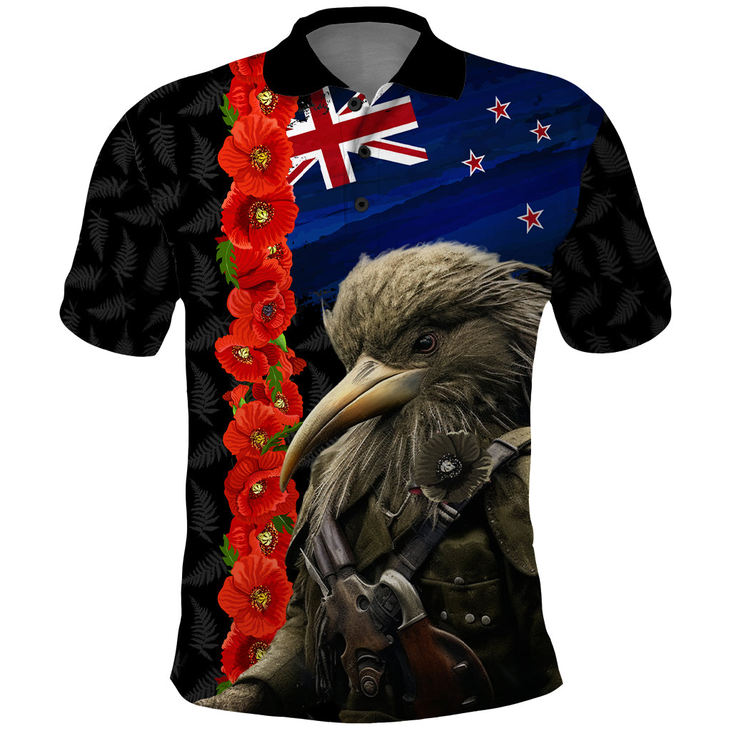 New Zealand Kiwi Soldier ANZAC Polo Shirt Red Poppy Flower and Silver Fern Pattern