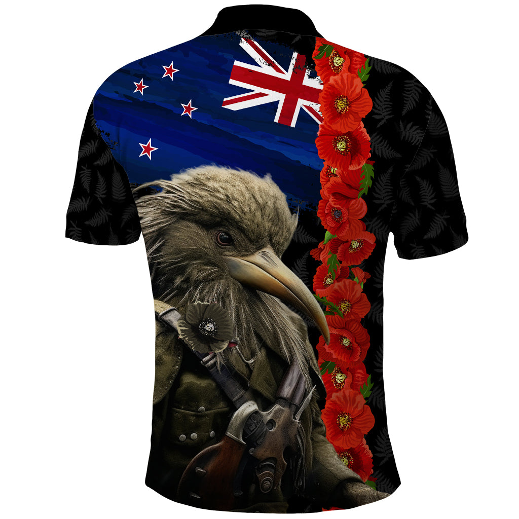 New Zealand Kiwi Soldier ANZAC Polo Shirt Red Poppy Flower and Silver Fern Pattern