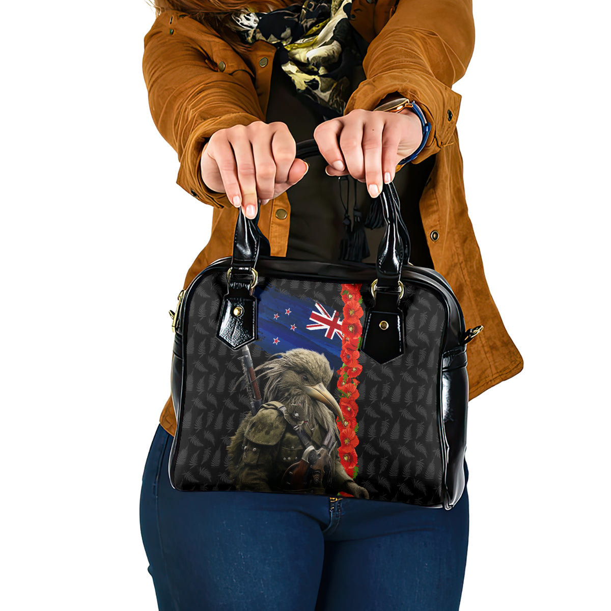 New Zealand Kiwi Soldier ANZAC Shoulder Handbag Red Poppy Flower and Silver Fern Pattern