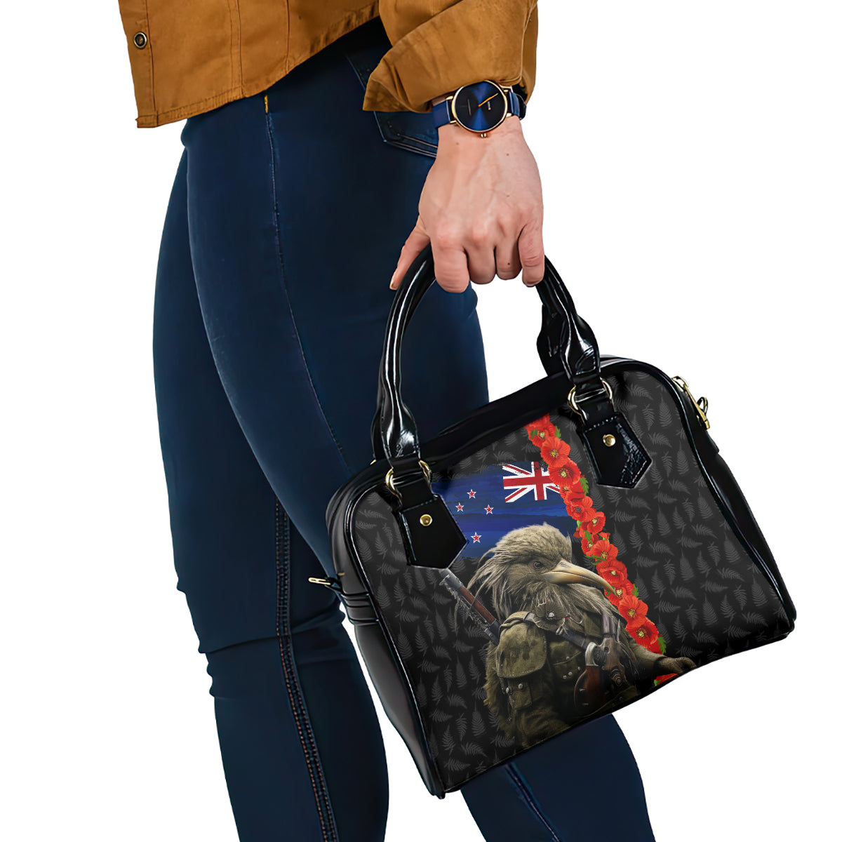 New Zealand Kiwi Soldier ANZAC Shoulder Handbag Red Poppy Flower and Silver Fern Pattern