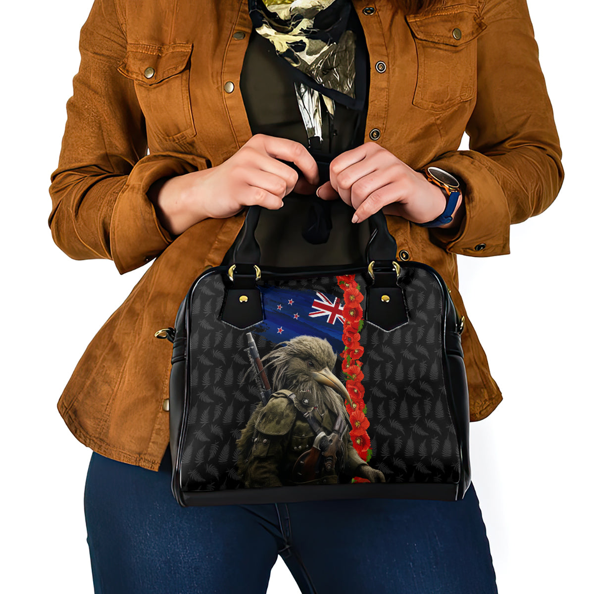 New Zealand Kiwi Soldier ANZAC Shoulder Handbag Red Poppy Flower and Silver Fern Pattern