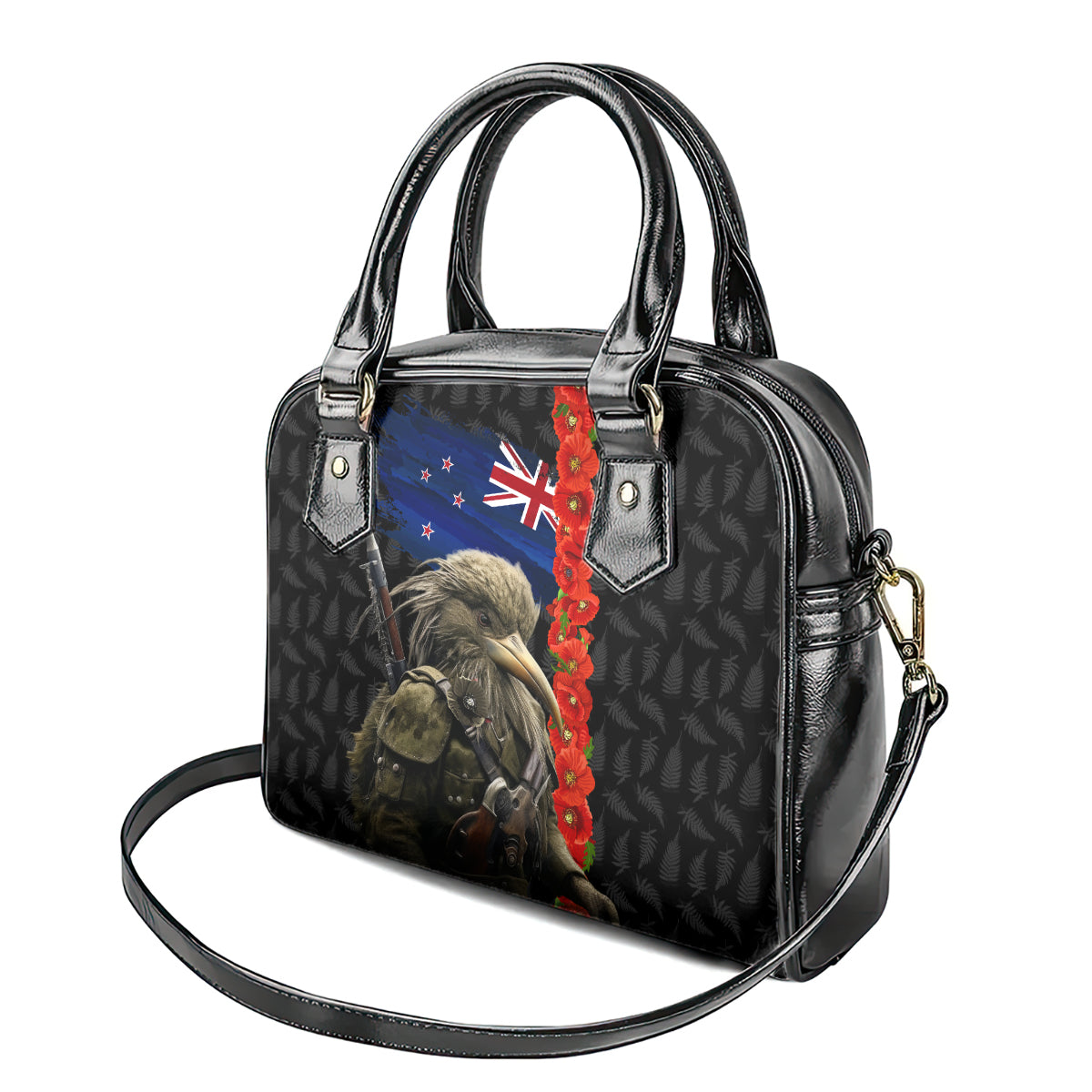 New Zealand Kiwi Soldier ANZAC Shoulder Handbag Red Poppy Flower and Silver Fern Pattern