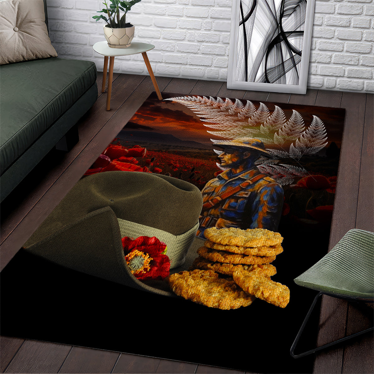 Slouch Hat and Biscuits ANZAC Area Rug with Soldier Silver Fern