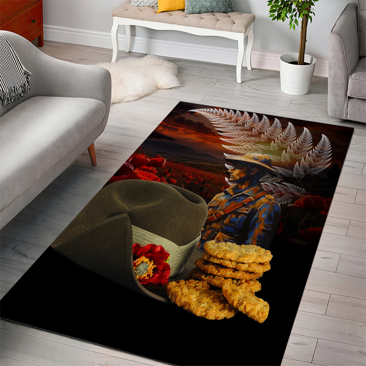 Slouch Hat and Biscuits ANZAC Area Rug with Soldier Silver Fern