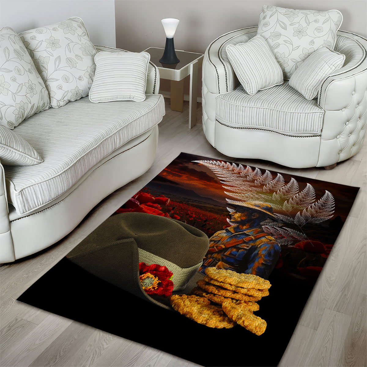 Slouch Hat and Biscuits ANZAC Area Rug with Soldier Silver Fern