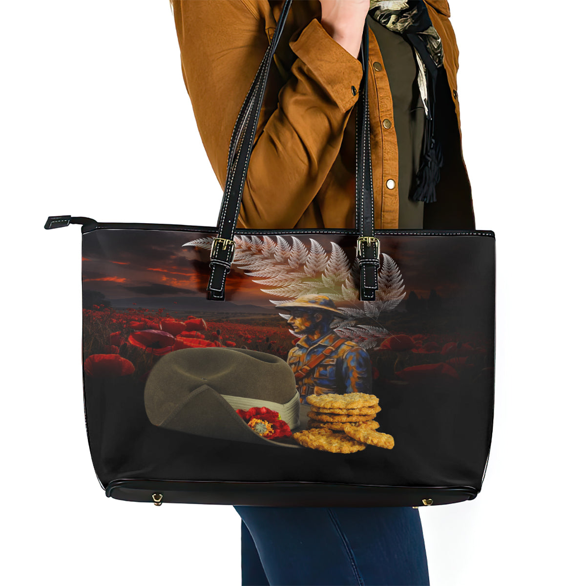 Slouch Hat and Biscuits ANZAC Leather Tote Bag with Soldier Silver Fern