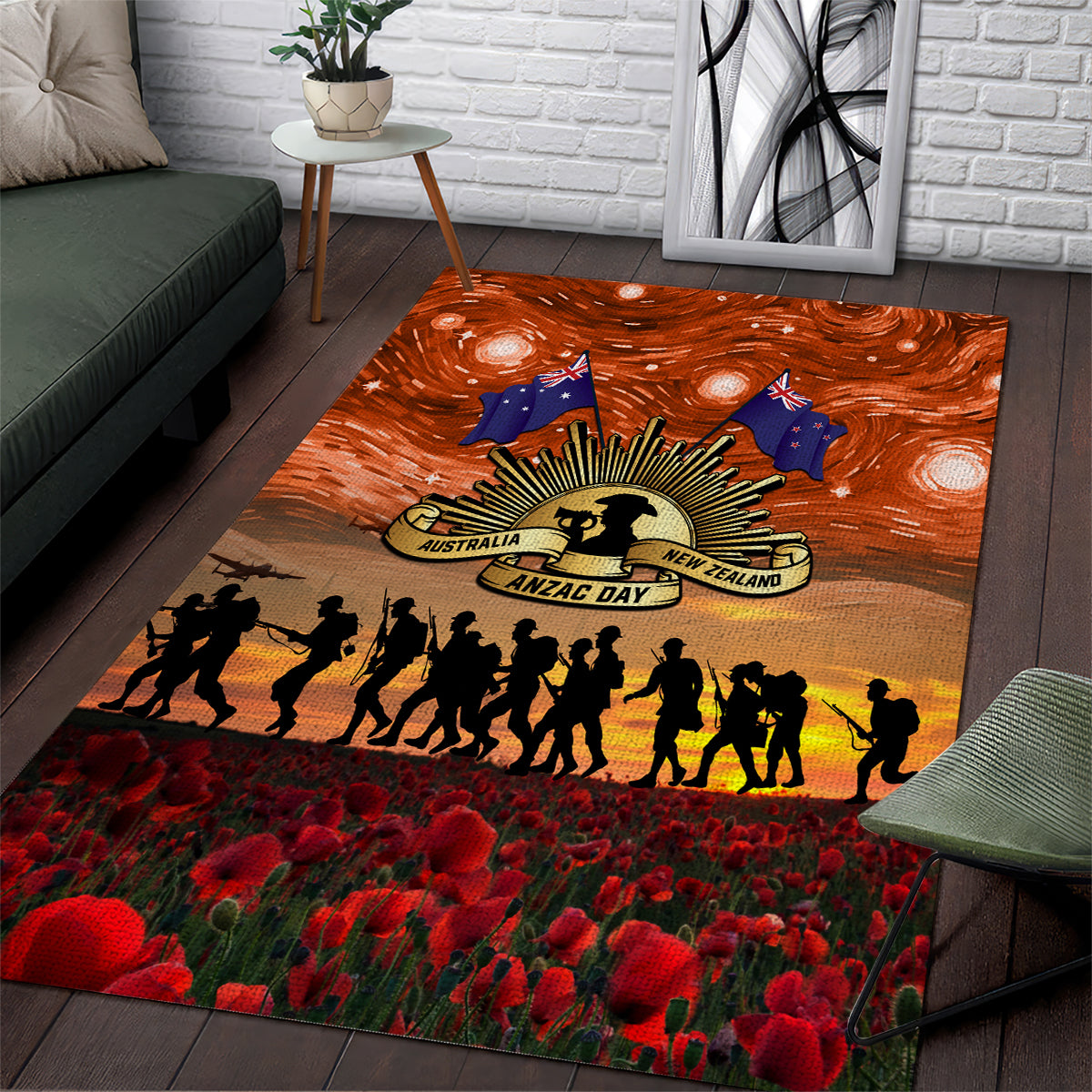 The Rising Sun Badge ANZAC Area Rug Last Post Field of Poppy Starry Night Style