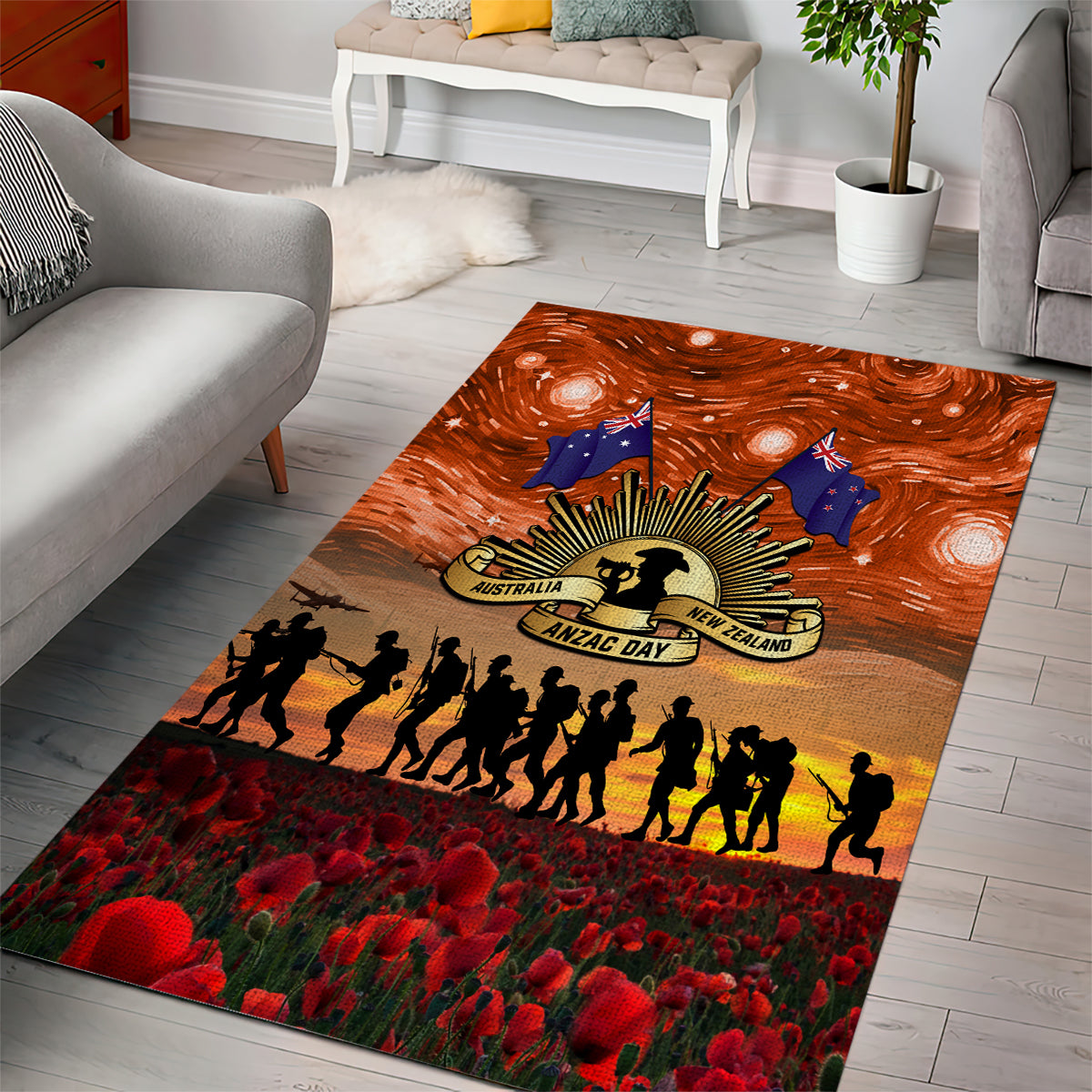 The Rising Sun Badge ANZAC Area Rug Last Post Field of Poppy Starry Night Style