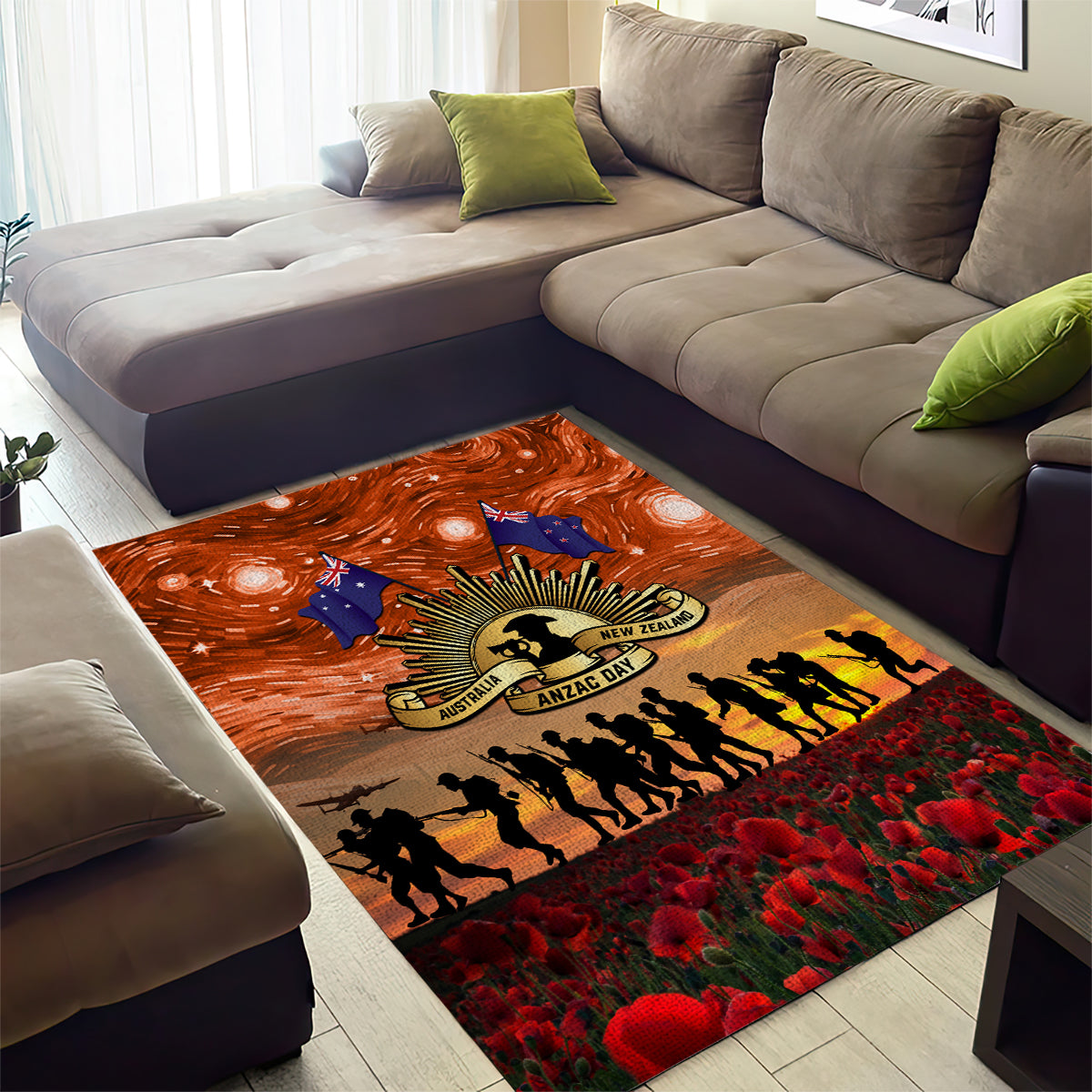 The Rising Sun Badge ANZAC Area Rug Last Post Field of Poppy Starry Night Style