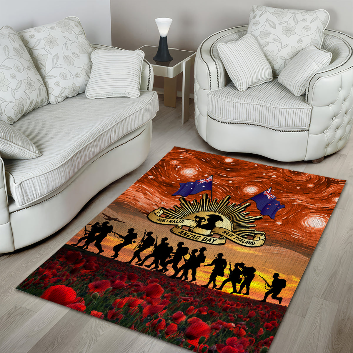 The Rising Sun Badge ANZAC Area Rug Last Post Field of Poppy Starry Night Style