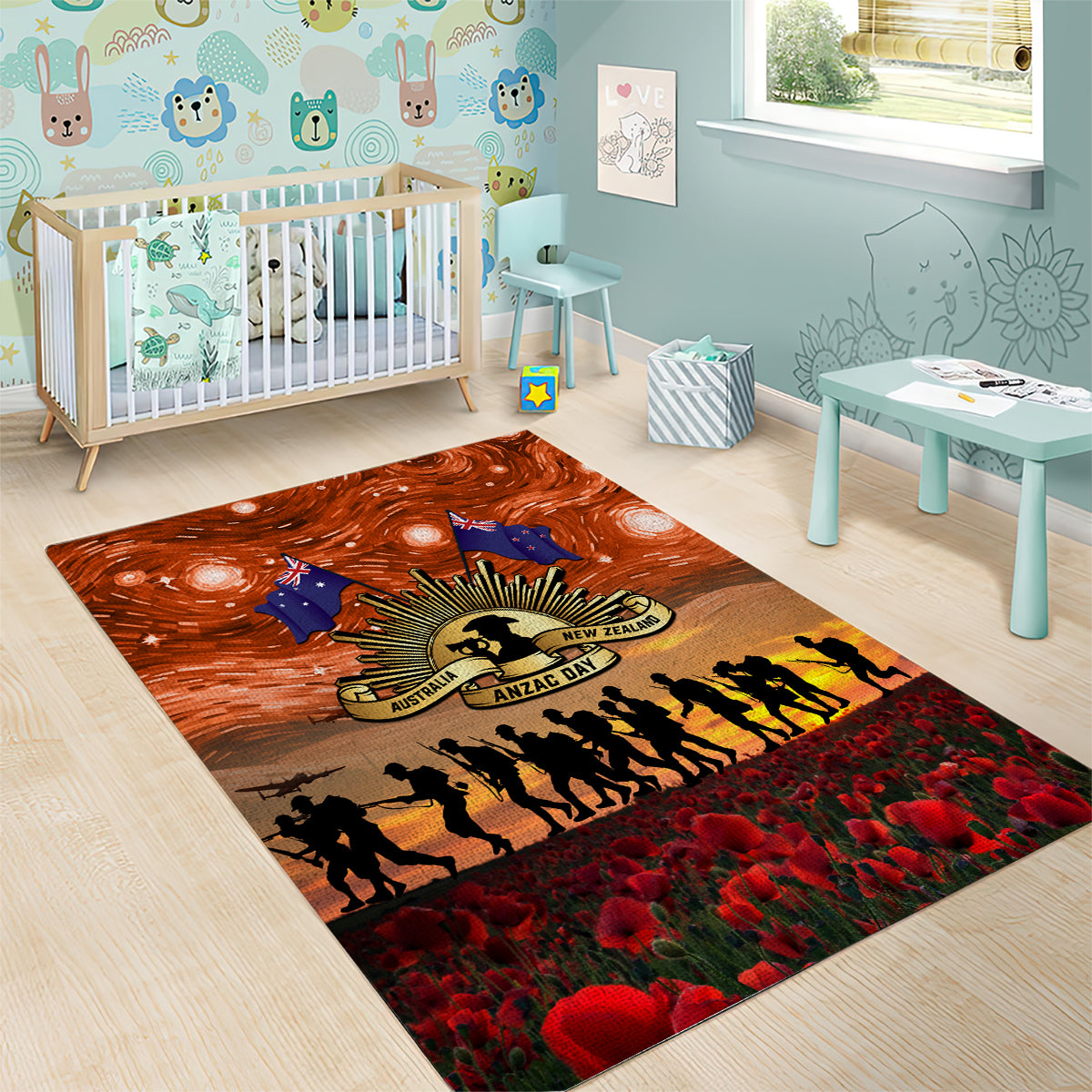 The Rising Sun Badge ANZAC Area Rug Last Post Field of Poppy Starry Night Style