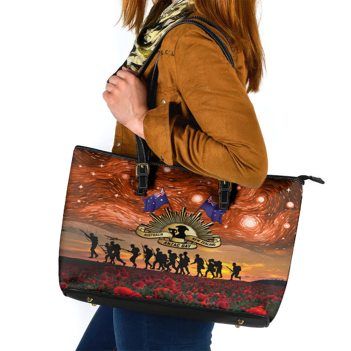 The Rising Sun Badge ANZAC Leather Tote Bag Last Post Field of Poppy Starry Night Style